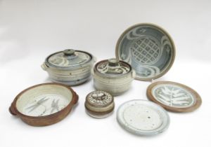 A collection of Aller Pottery by Bryan Newman - lidded kitchen items, bowl and plates impressed