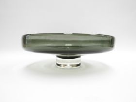 A smoked art glass bowl on clear pedestal base. Unmarked. 9cm high x 28cm diameter