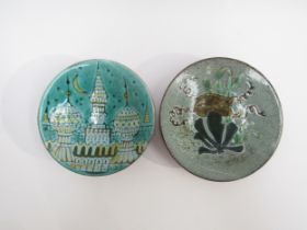 Two Chelsea Pottery dishes with hand painted designs, signed pottery marks verso. Largest 17cm