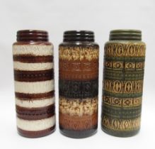 Three West German Pottery floor vases in brown, treacle, white and green colours, 289-41, 42cm high