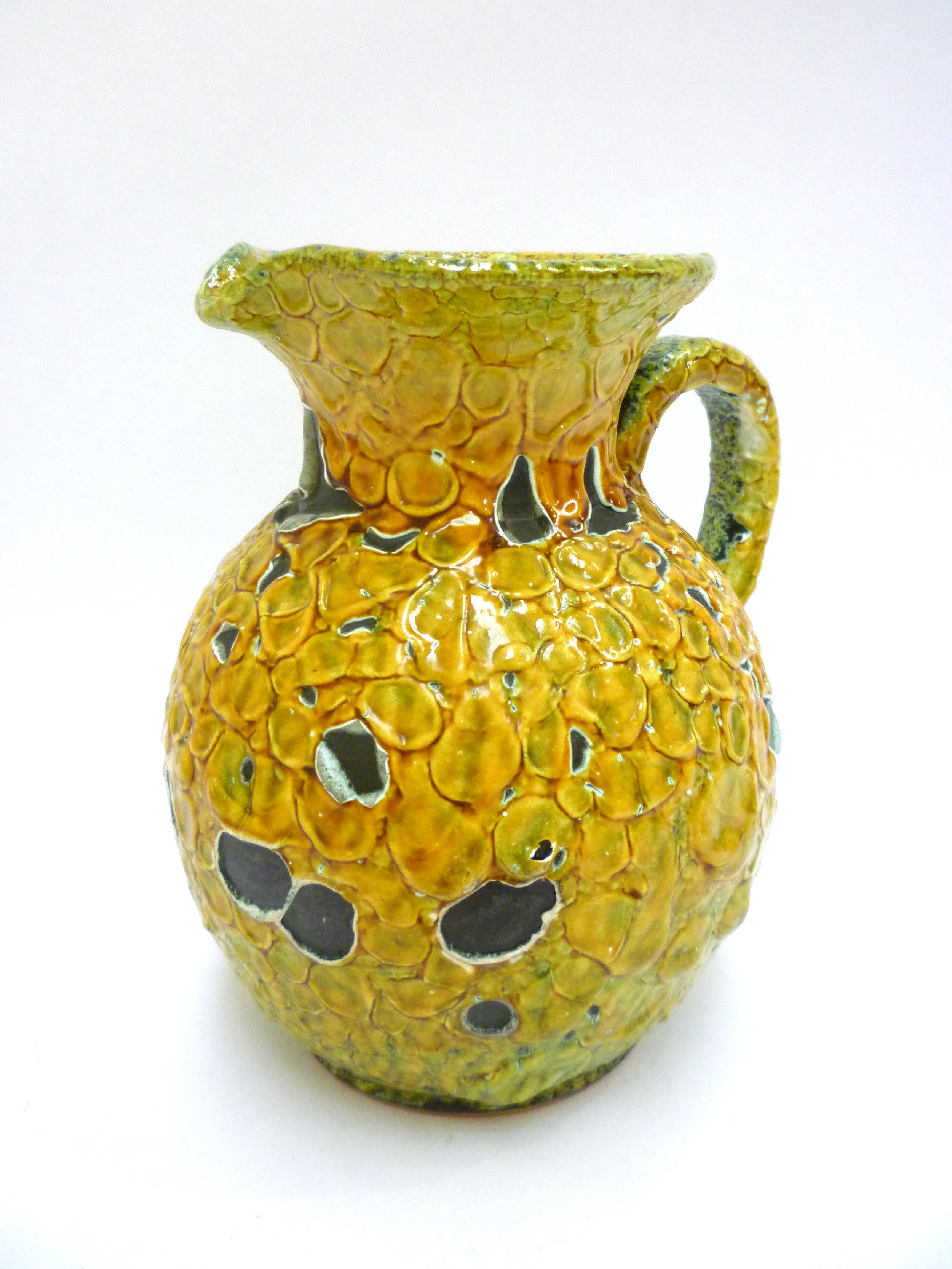 A Charles Cart Mid 20th Century French Le Cyclope studio pottery jug in yellow and green "blistered" - Image 2 of 3