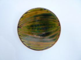 A Poole Delphis pin dish in green and ochre colours, blue TV back stamp, 12.5cm diameter