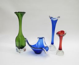 A Flygsfors Swedish blue art glass bowl of abstract form, two Swedish Aseda bone vases and a large
