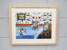 A Framed and glazed original contemporary collage of a household interior, initialled WF to lower