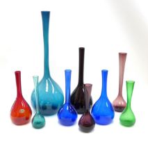 A collection of nine various Arthur Percy art glass vases for Gullaskruf, Sweden. Various colours