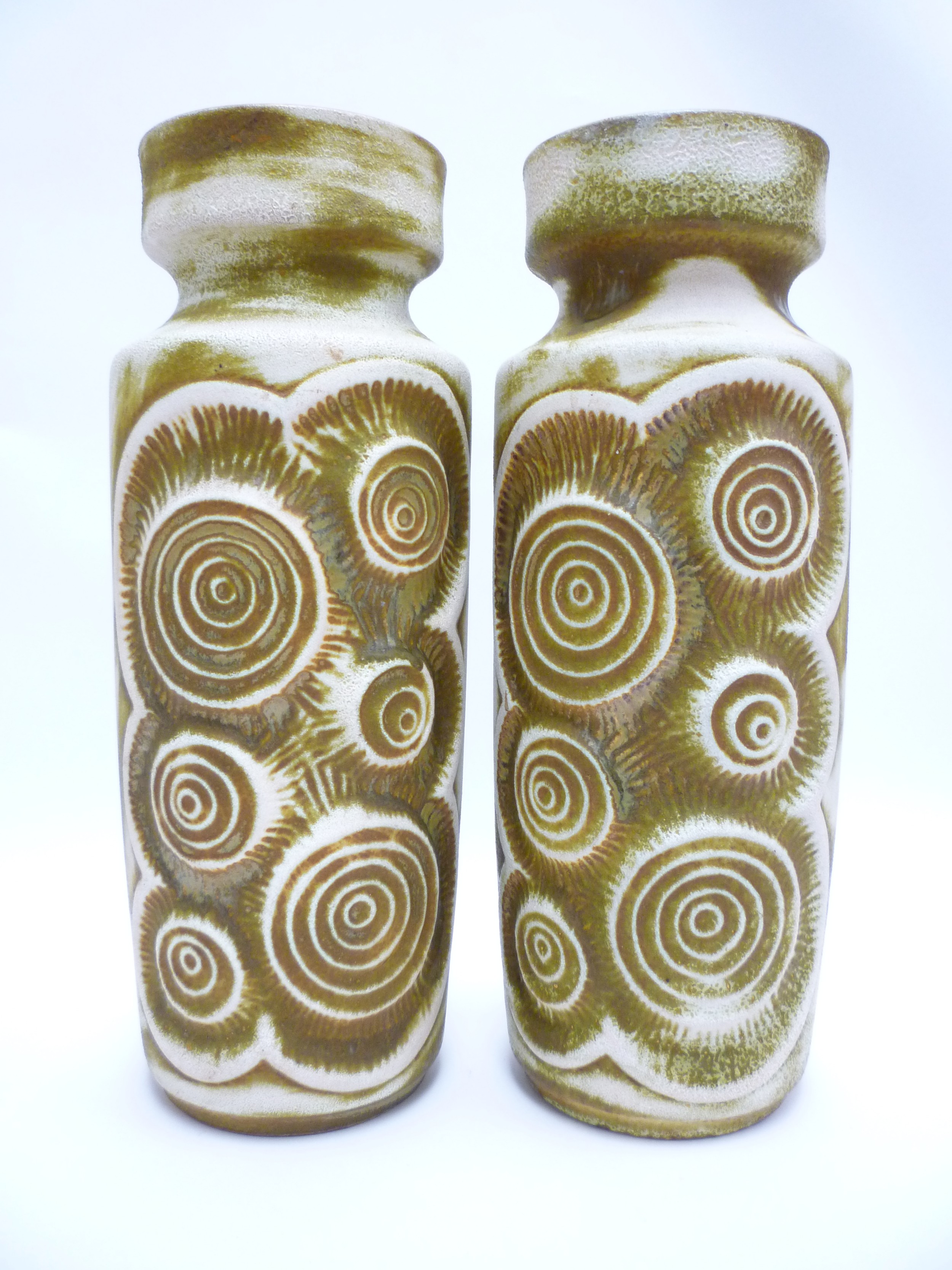 A Pair of Bay Keramik West German floor vases with relief moulded fossil design, caramel glazes, - Image 2 of 3