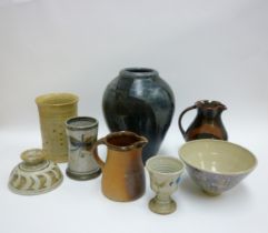 A collection of studio pottery including jug from John Leach's Muchelney Pottery, Aller Pottery,