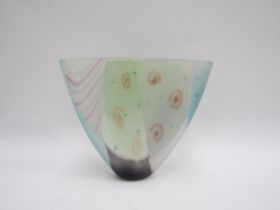 PAULINE SOLVEN (b.1943): A studio art glass vase of flattened "V" form with line and spiral