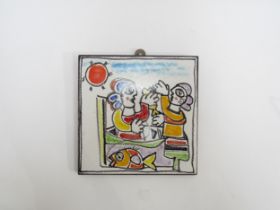 A Desimone Sinterizzato Italian hand painted tile decorated with figures and fish. 20cm x 20cm