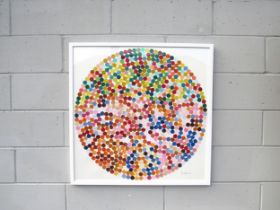STEVEN GRIFFIN (b.1968) A framed and glazed collage 'Circle of Coloured Dots'. Signed. 85cm x 85cm