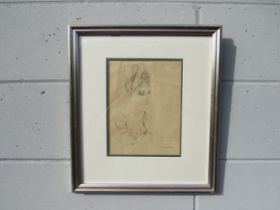 A framed and glazed mid century print of a pen and ink sketch of a woman. Indistinctly signed,