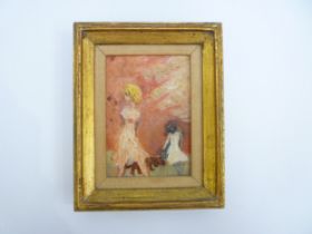 A small oil on artists board of two young girls with a Spaniel. Unsigned work. Image size 17cm x