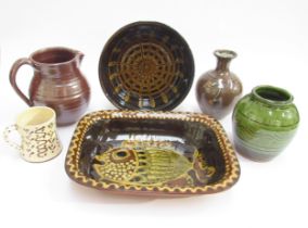 A collection of six studio pottery items including Wetheriggs mug, dish by Jean Hampton with fish