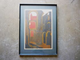 A screenprint of architectural ruins in the Walter Hoyle/Edward Bawden style, printed in blue,