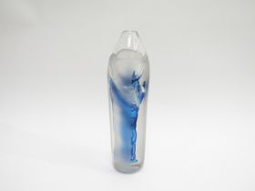 A studio art glass bottle vase by Jane Charles with blue and white detail, signed to base. 22.3cm