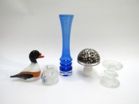 A collection of art glass including signed Langham glass duck figure, a signed Wedgwood art glass