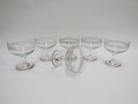 A set of six 1950's red and grey banded sundae glasses, 11cm high