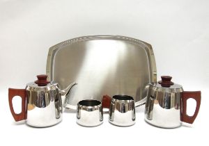 A mid 20th Century stainless steel and teak coffee and tea service by Sona, with serving tray