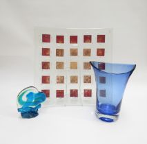 A large blue cased art glass vase with polished pontil mark to base, 24cm high. A large Jo Downs