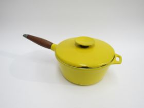 Copco - Danish 1960's cast iron yellow enamelled saucepan with teak handle, 20cm diameter