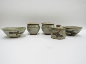 David Leach's Lowerdown Pottery, a preserve jar and two bowls together with two other mid century