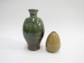 A studio pottery green salt glazed vase, impressed RS seal, 17cm high, together with an oviform vase