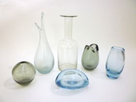 Five various Per Lutken Holmegaard vases in pale blue and smoked glass including large beaked