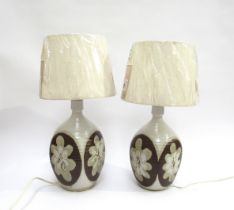 MARIANNE DE TREY (1913-2016) A pair of studio pottery lamp bases with shades, with impressed potters