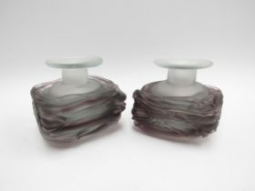A pair of art glass bottle vases in Mdina style, frosted opaque glass with amethyst random