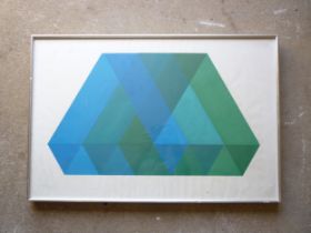 A 1960’s screen print of geometric blues and greens, faint indistinct signature bottom right and