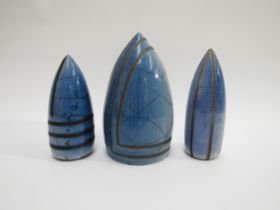 ERIC MOSS (b.1959) Three studio pottery cone shaped Raku art sculptures, blue with black lines,