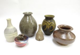 Six various studio pottery vases, some with potters seal including saltglazed decoration etc.