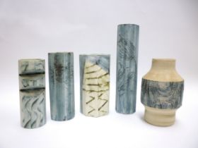 Five various Carn Pottery vases by John Beusmans with floral and geometric detail, three signed by
