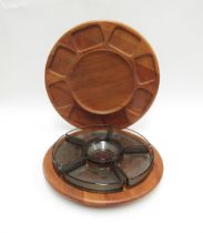Two Danish Digsmed Lazy Susan teak dishes, one with smoked glass trays, largest 40cm diameter