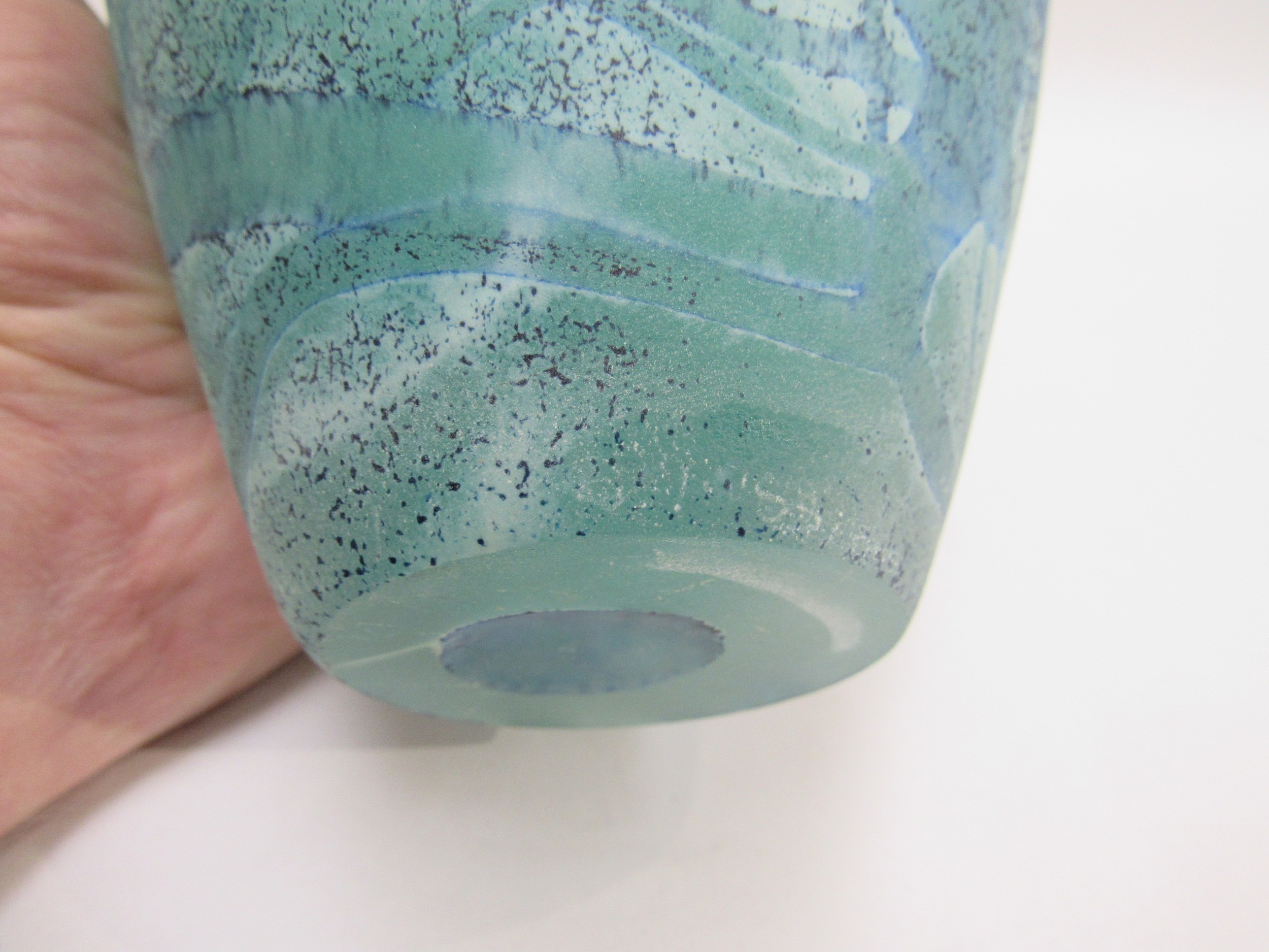 A studio art glass vase in turquoise with blue mottling. Faint indistinct signature to base edge and - Image 3 of 3