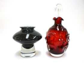 An Aseda ruby glass bottle with clear stopper, 22.5cm high, plus a mottled deep blue
