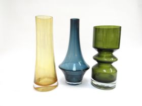 Three various Riihimaki Glass Finnish vases including Tamara Aladin design. Tallest 28cm
