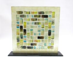 A large contemporary art glass free standing abstract square sculpture on glass base, unmarked. 41cm