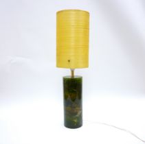 A Shatterline dark green lamp base with a spun fibre shade. 52.5cm high including shade