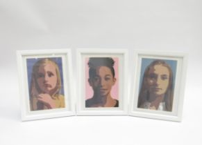 Three Julian Opie framed lenticular moving image cards - Elena, Imogen and Sissi. Each image size