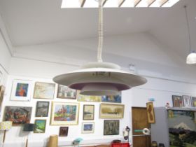 A Danish ceiling light in Poulsen style in white and purple with four tiers. 48cm diameter