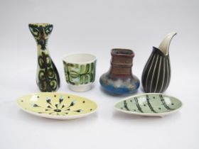 A collection of British pottery to include - a Celtic Pottery figure of a cat, Poole Pottery small