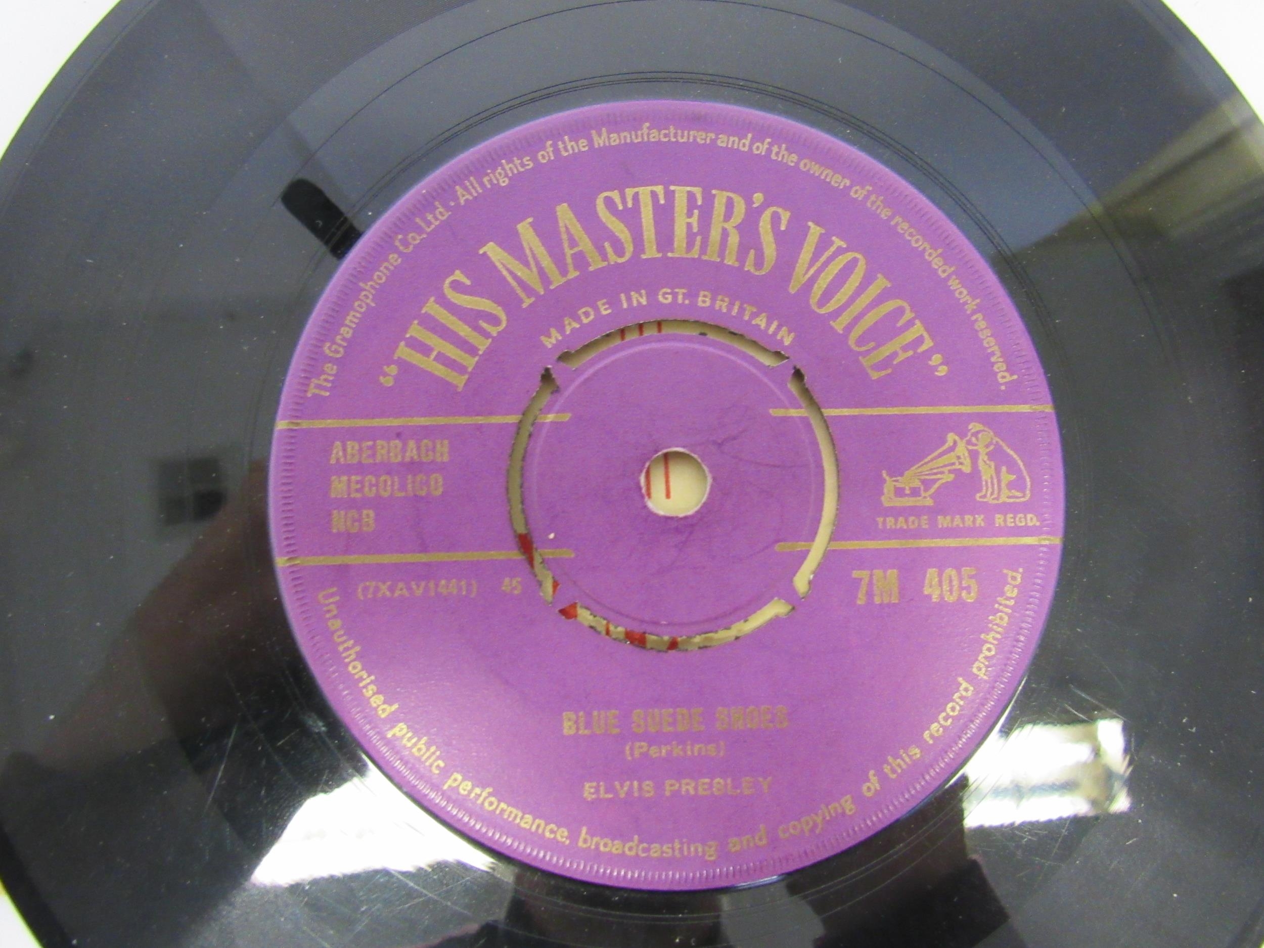 ELVIS PRESLEY: Two original UK release 7" singles with purple and gold print HMV labels, 'Blue Suede - Image 2 of 5