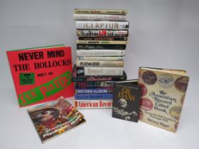 A collection of music related books including Sex Pistols '1977: The Bollocks Diaries', Goldmine and