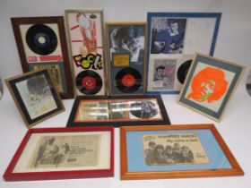 Five framed 7" single displays to include Bob Dylan with 1978 ticket stub, Marty Wilde with