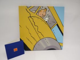 A limited edition print on canvas depicting Herge's Tintin with Snowy in plane cockpit, from a run