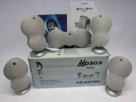 A boxed Celstion AVP303 surround sound system comprising centre speaker and two satellite