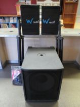 A W-Audio Gig-Rig 1000 PA system with speakers, stands and leads