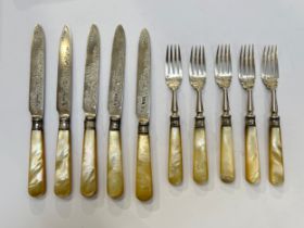A set of five James Deakin & Sons (John & William F Deakin) silver fruit knives and forks with