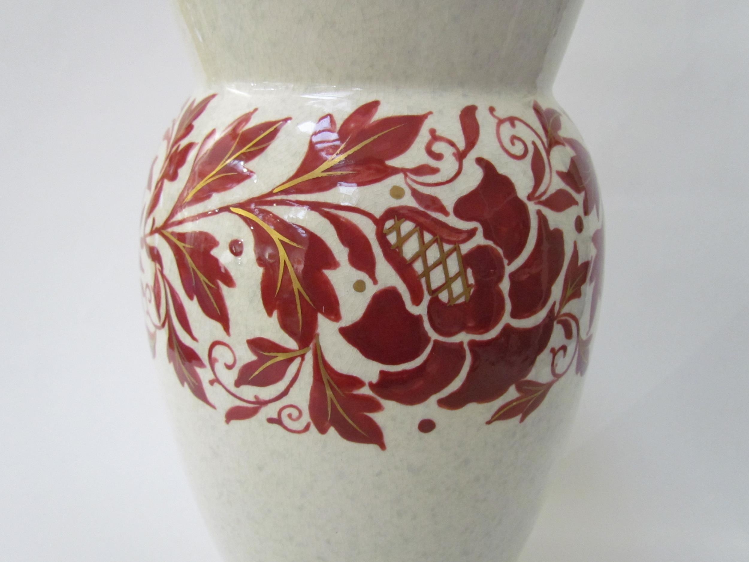 A Charlotte Rhead for Bursley Ware vase, mottled white with red foliage design enriched with gilt, - Image 2 of 11